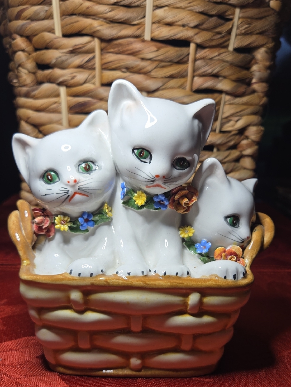 Vintage "Kittens In A Basket With Floral Collars"